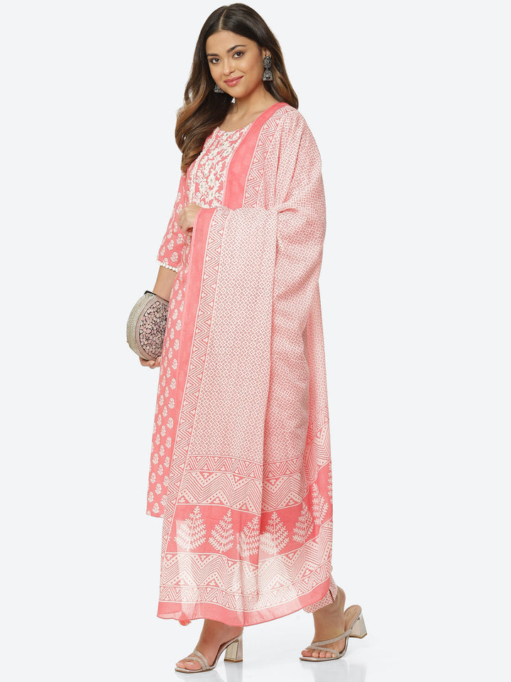 Floral Printed Cotton Kurta With Pant &amp; Dupatta