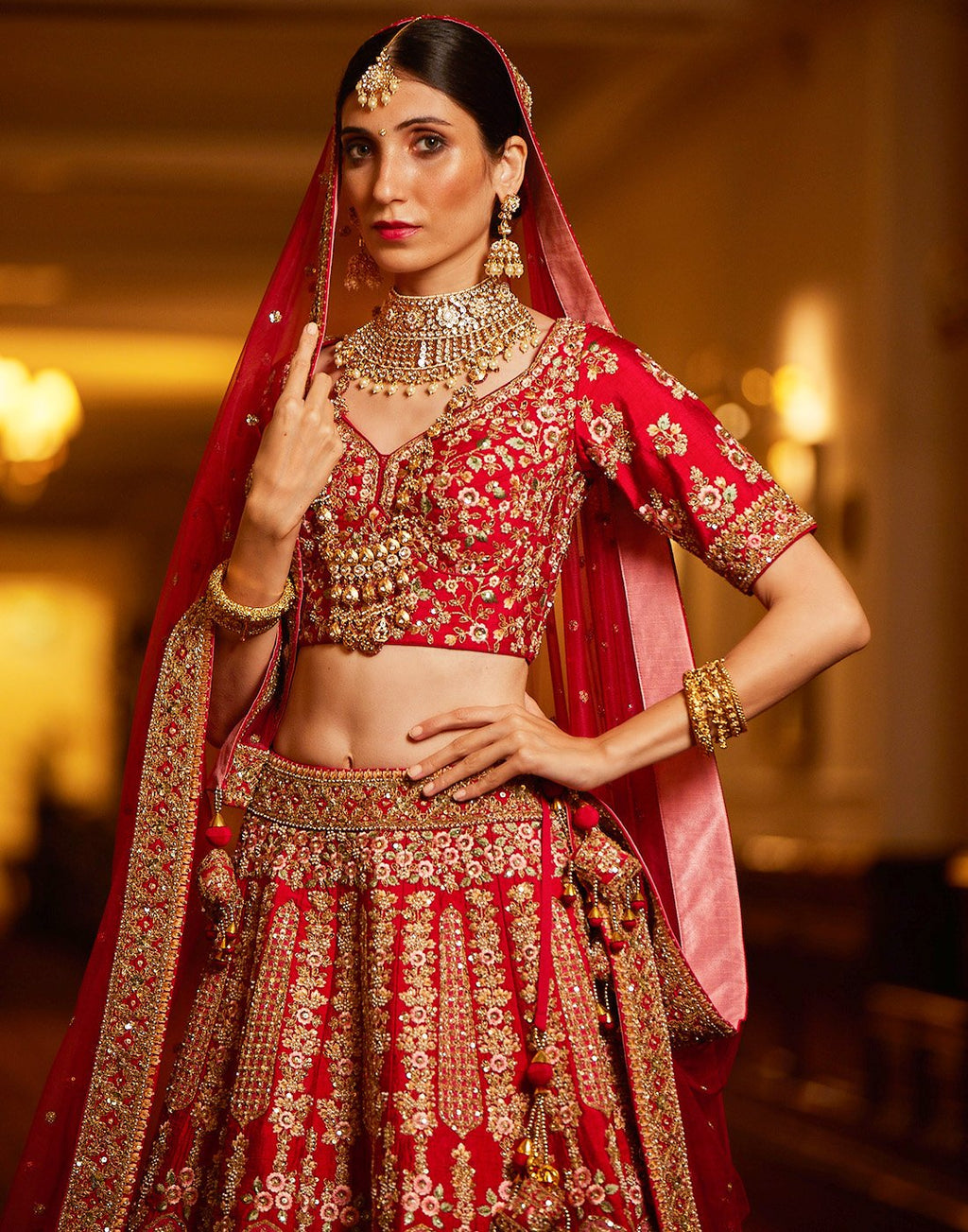 Embroidered Art Handloom Dupion Bridal Lehenga With Choli And Net Dupatta