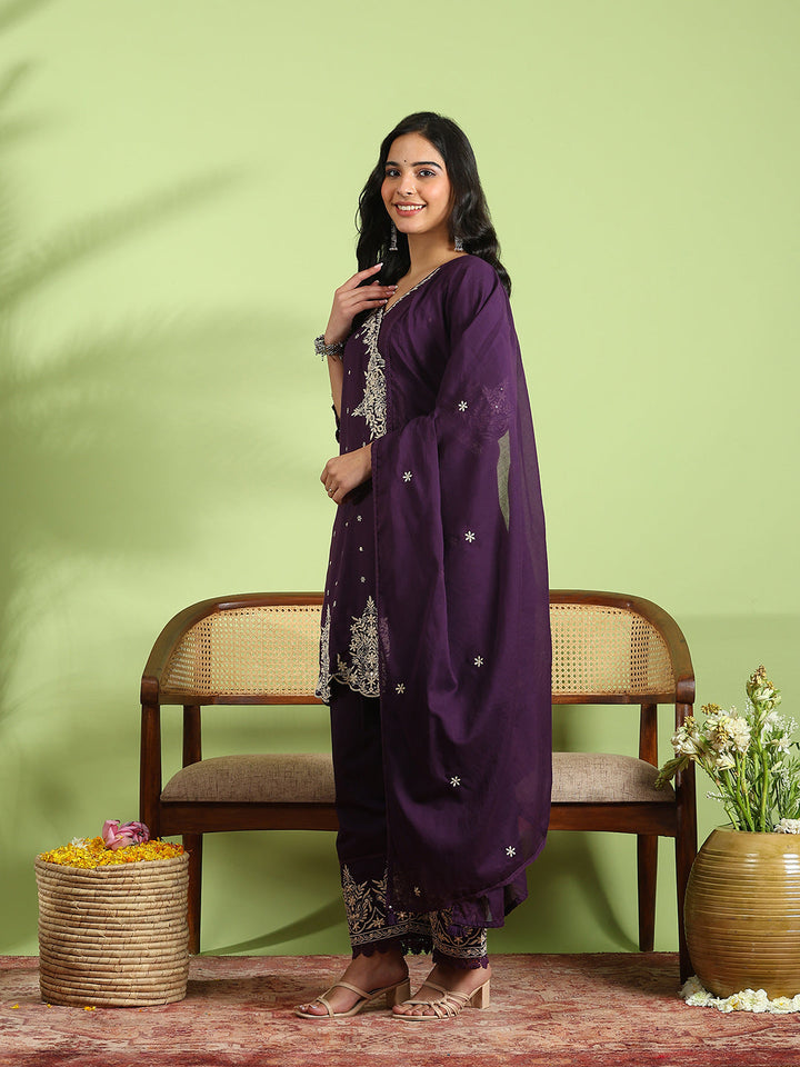 Embroidered Cotton Kurta With Pant &amp; Dupatta