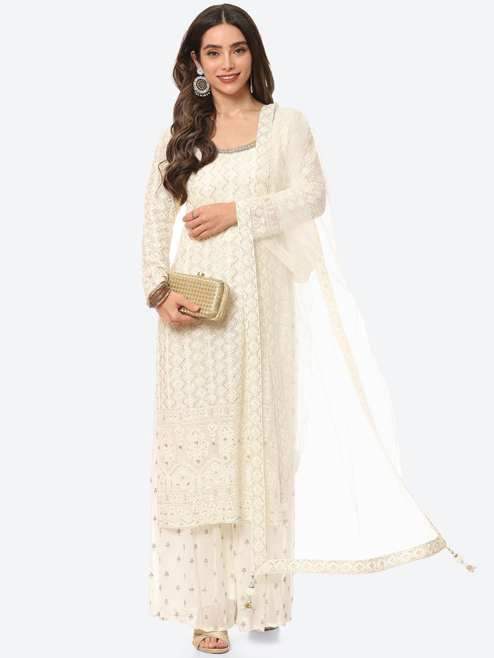 Resham Sequin Booti Georgette Kurta With Palazzo &amp; Net Dupatta