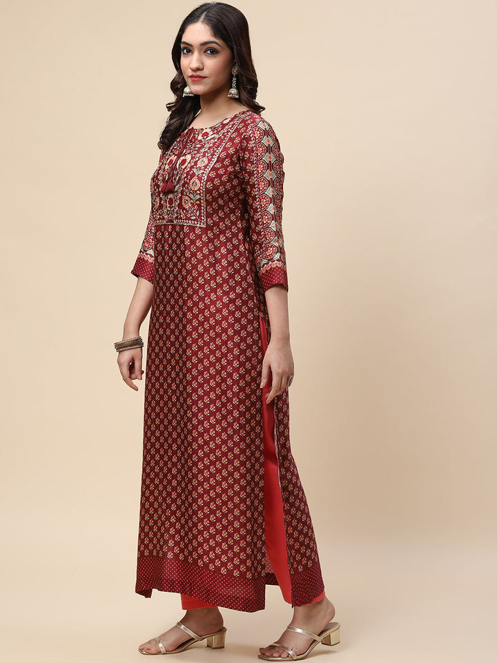 Zari Neck Embroidered &amp; Printed Satin Kurta