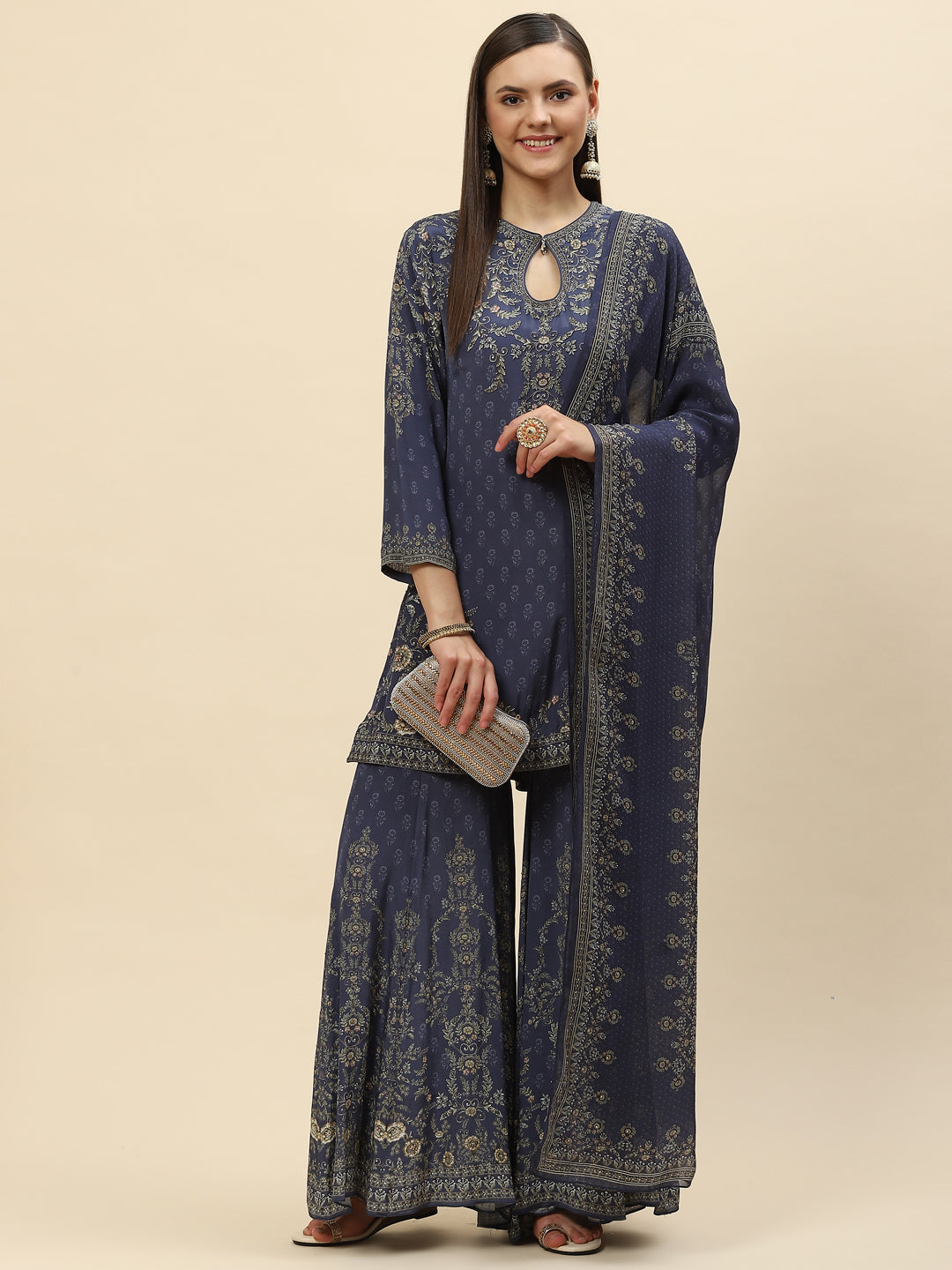 Digital Printed Crepe Kurta With Sharara &amp; Net Dupatta