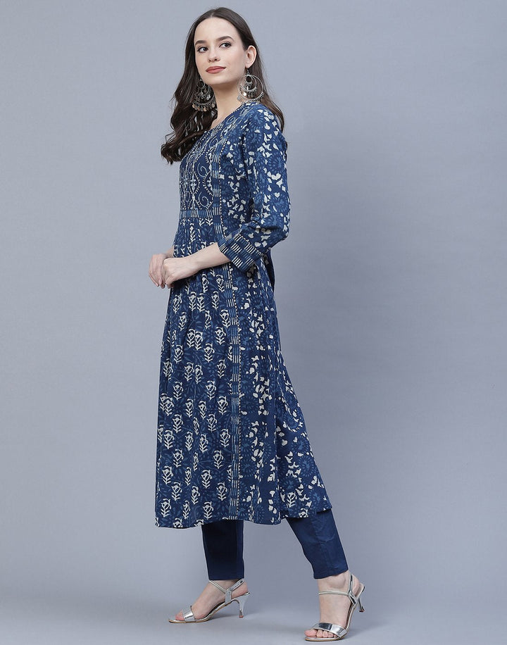 Indigo Cotton Printed A-Line Kurti