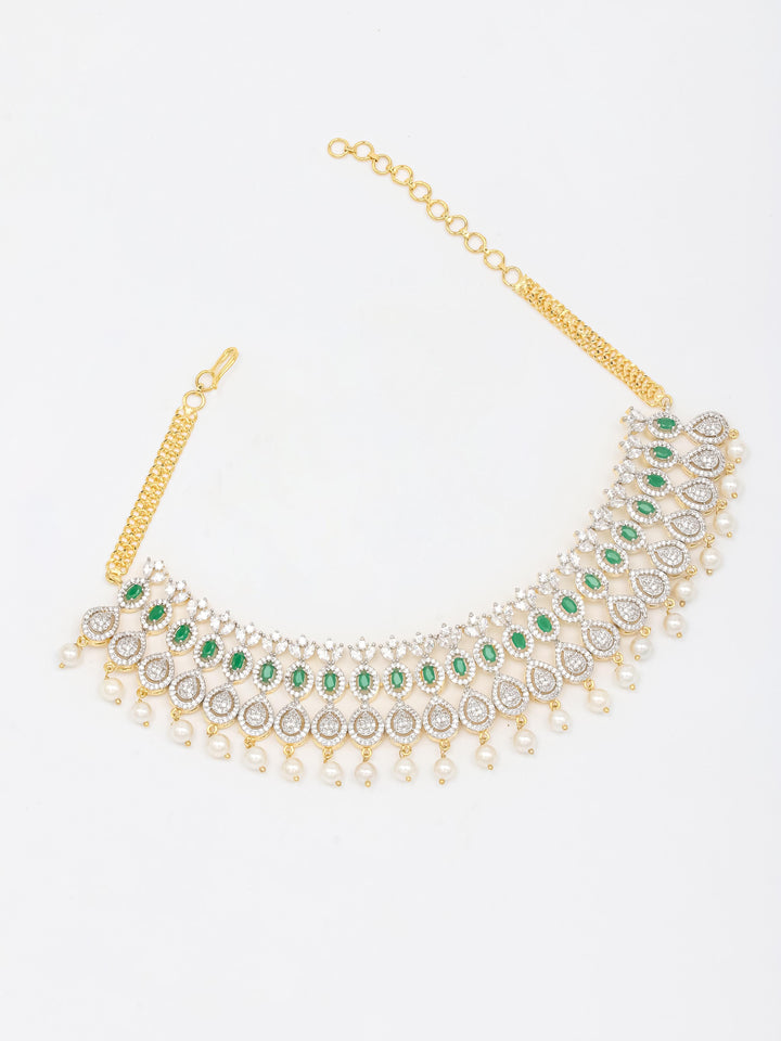 Gold Green Colored Stone Necklace With Earrings