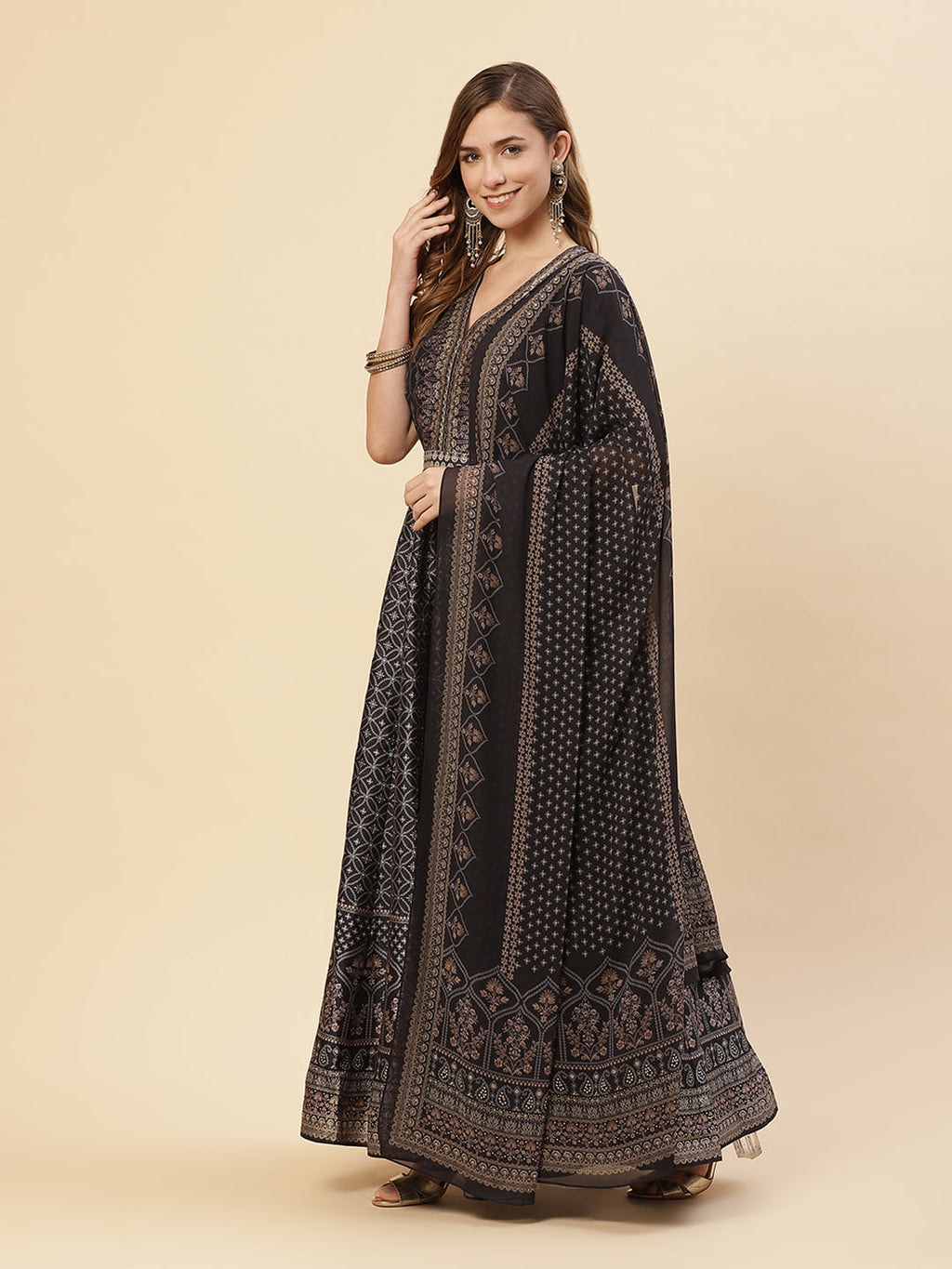 Art Tussar Digital Printed Anarkali Kurti With Chudidar And Printed Dupatta