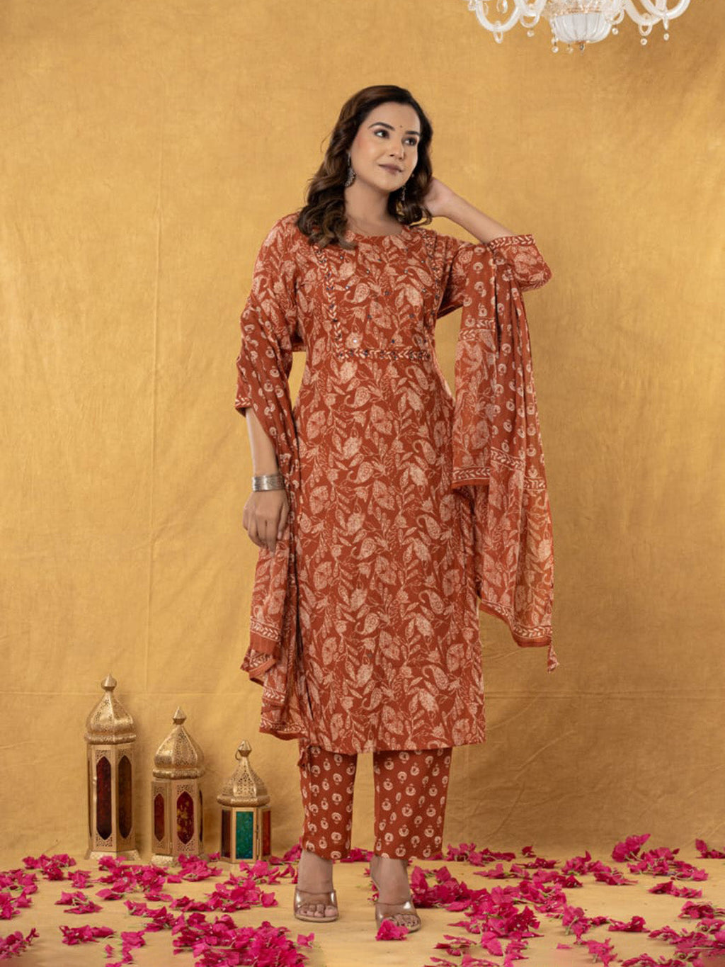 Orange Embroidered Cotton Blend Straight Suit Set With Dupatta