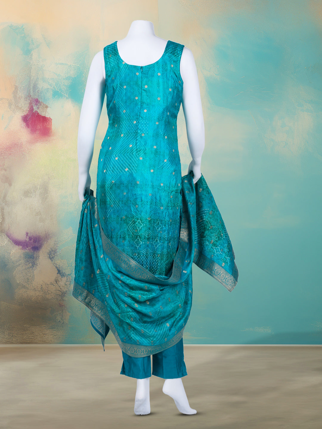 Bandhani Printed Art Silk Kurta With Pants &amp; Dupatta