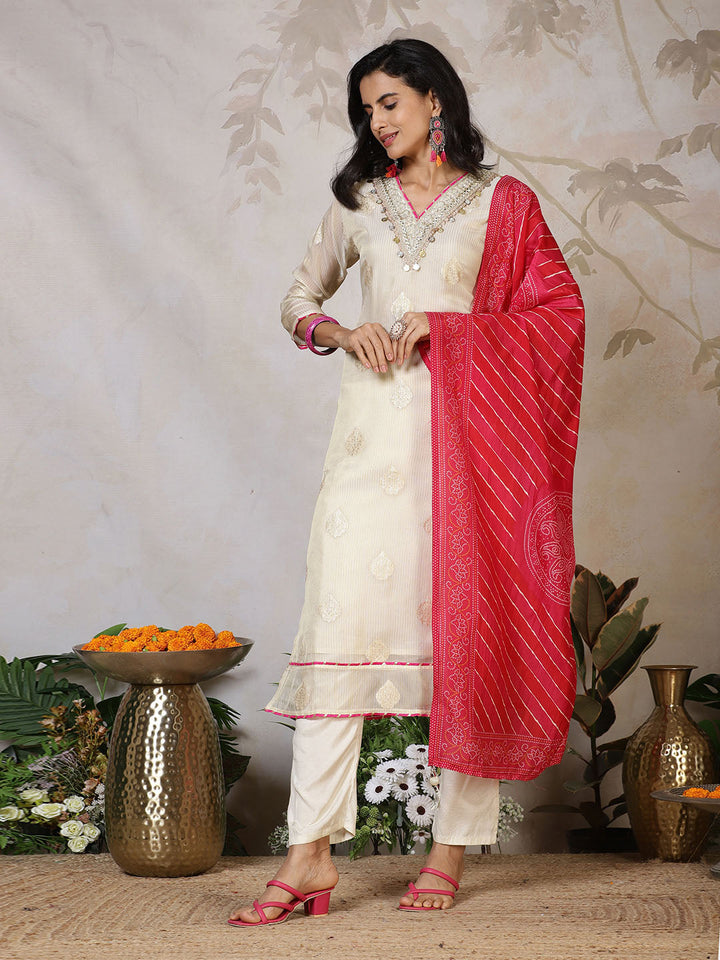 Banarasi Weave Tissue Kurta With Pants &amp; Dupatta