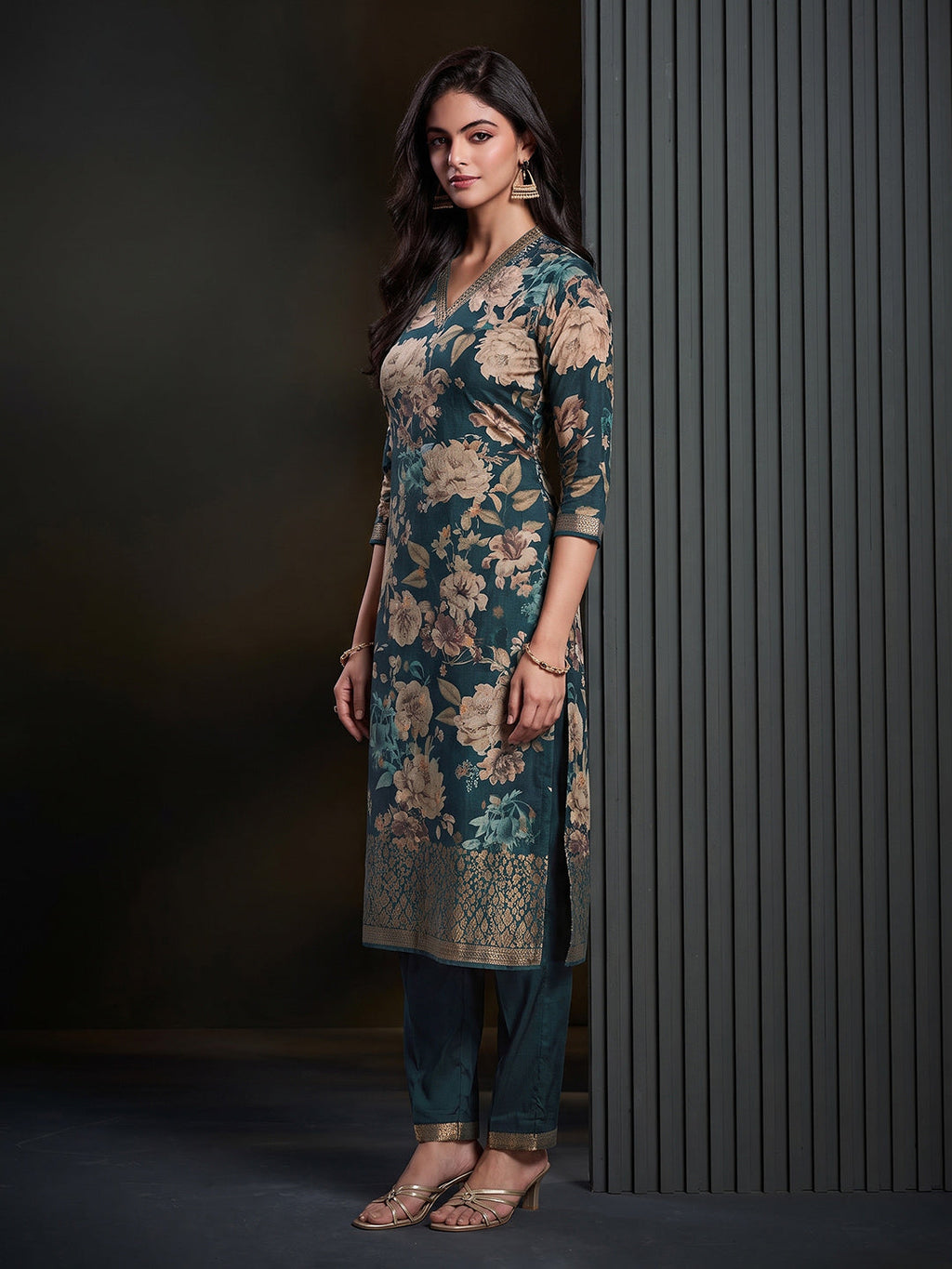 Blue Printed Art Silk Kurta With Pant & Dupatta