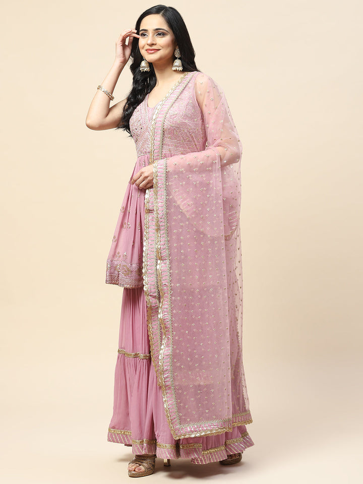 Resham Sequin Embroidered Georgette Kurta With Palazzo &amp; Dupatta