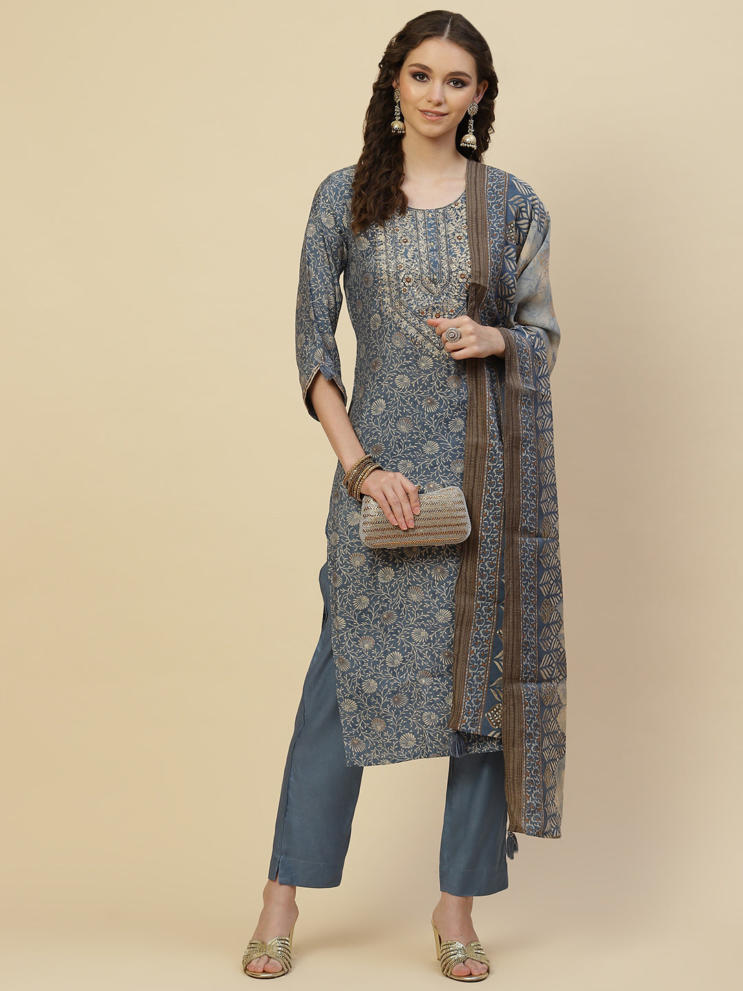 Floral Printed Cotton Kurta With Pants &amp; Dupatta
