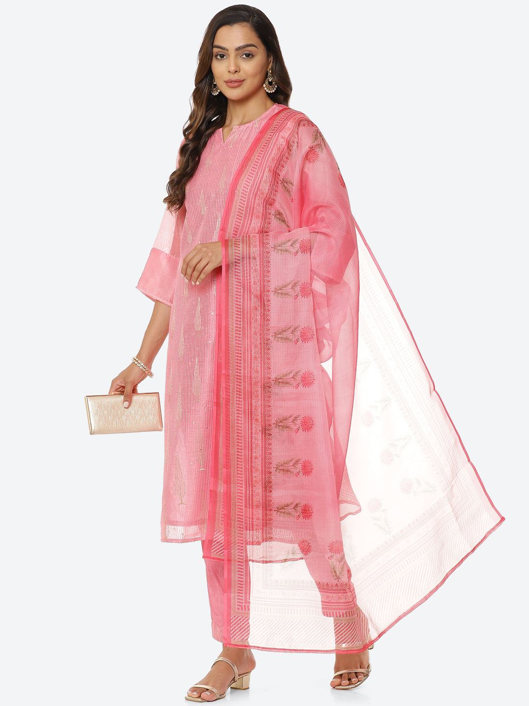Sequin Work Chanderi Kurta With Pants &amp; Dupatta