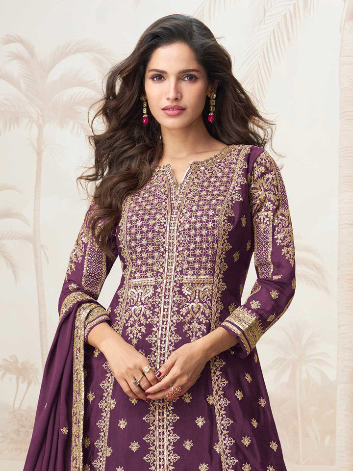 Embroidered Chinon Silk Kurti With Sharara &amp; Dupatta