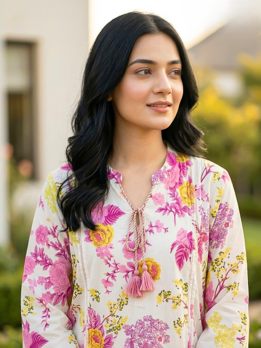 Pink Printed Cotton Blend V Neck Kurta Set