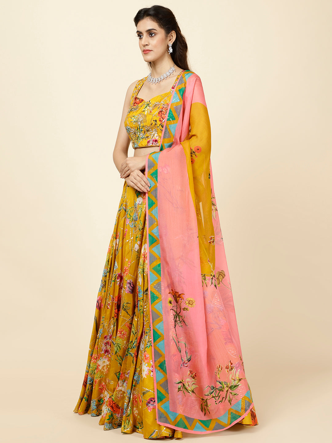 Floral Printed Crepe Choli With Lehenga &amp; Dupatta
