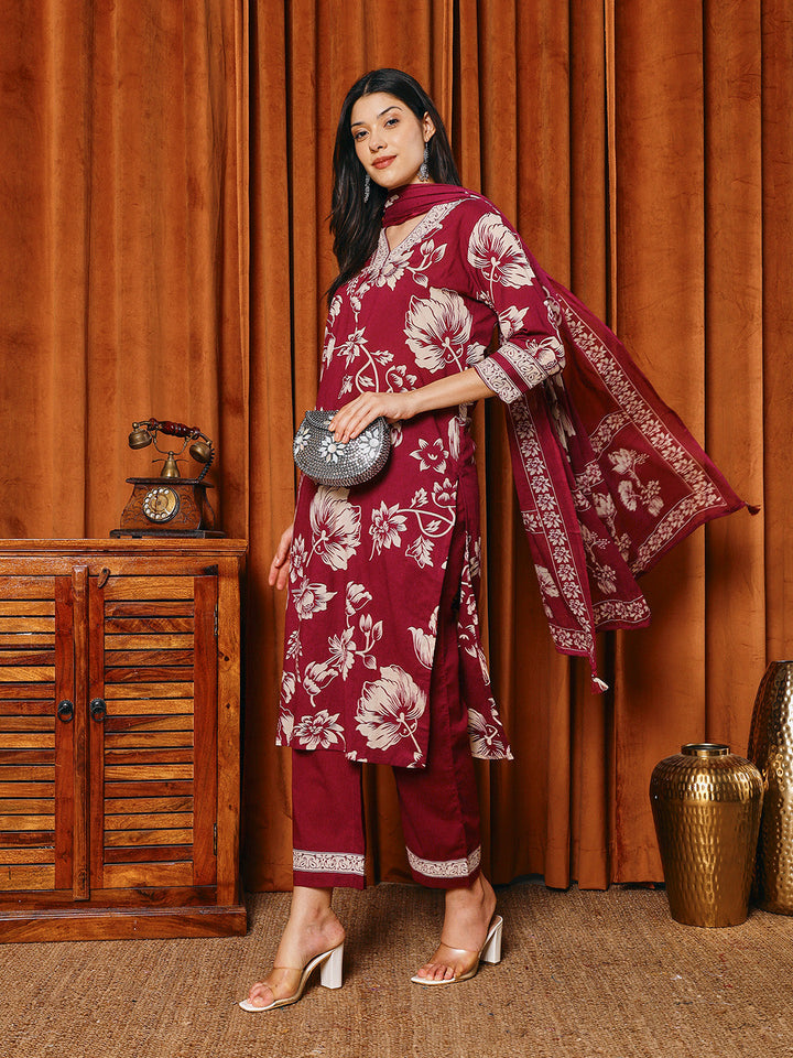 Printed Cotton Blend Kurta With Pants &amp; Dupatta