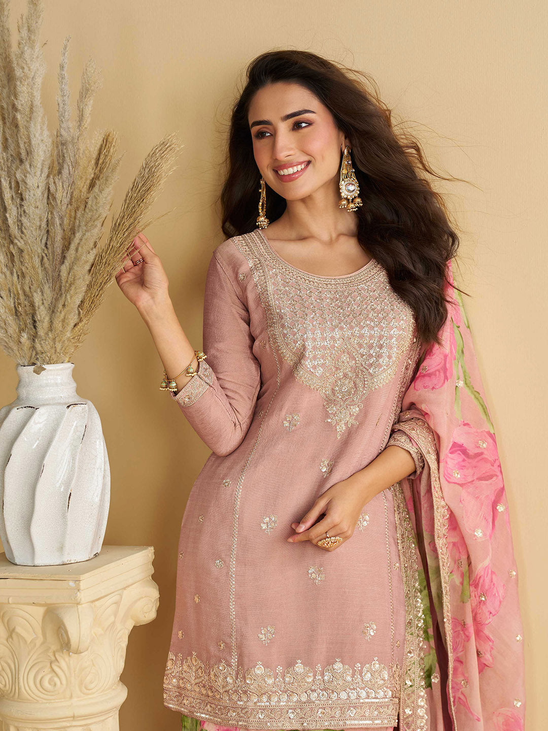 Embroidered Chinon Suit With Pant &amp; Dupatta