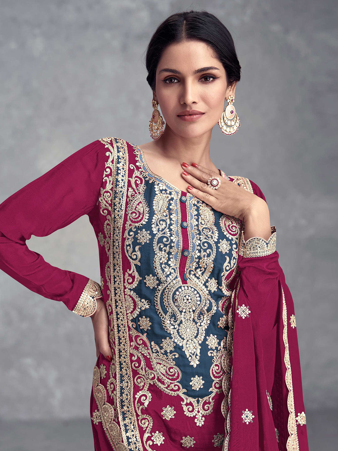 Embroidered Chinnon Kurta With Plazzo &amp; Dupatta