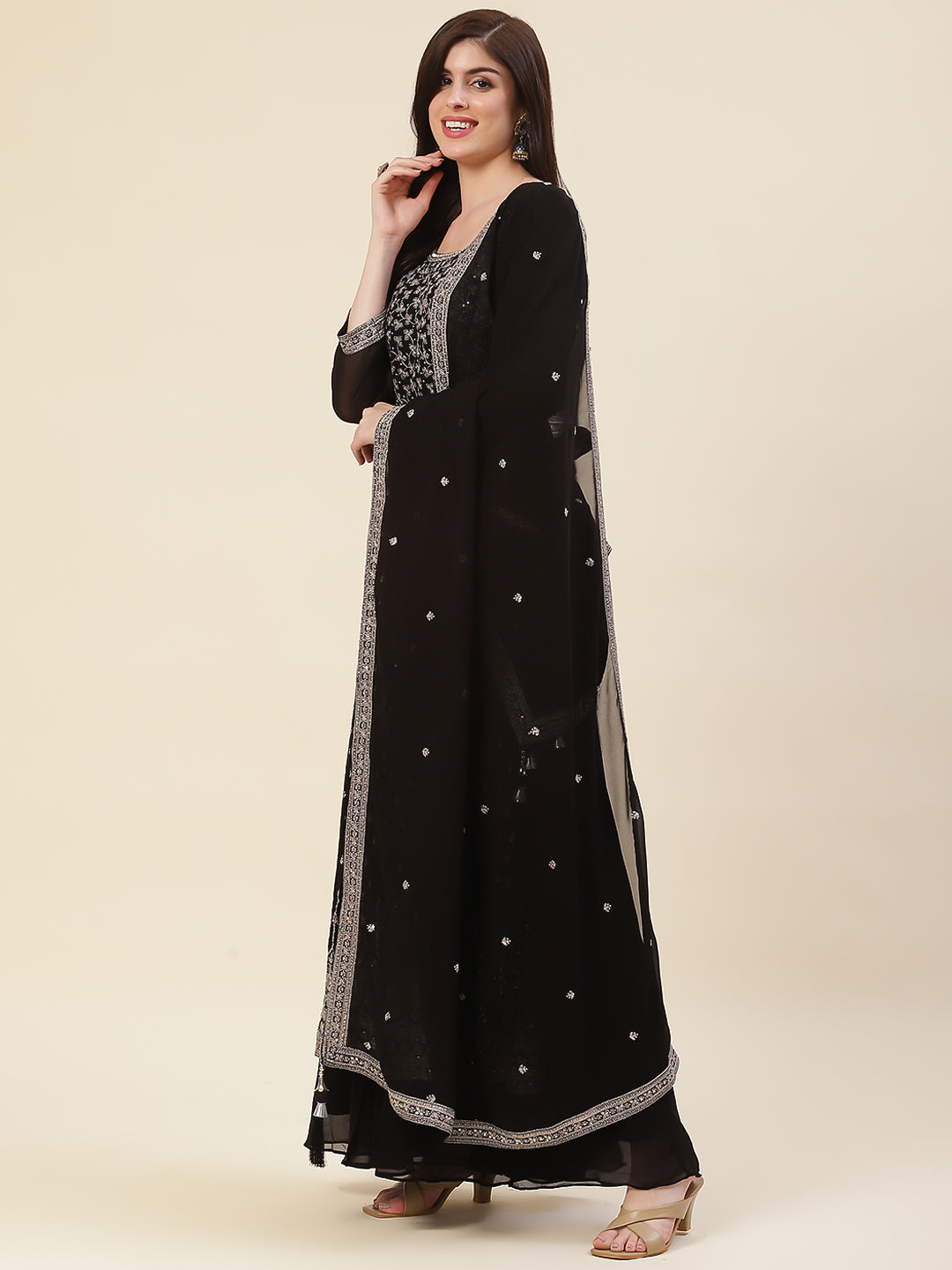 Zari Embroidered Georgette Kurta With Pants & Dupatta