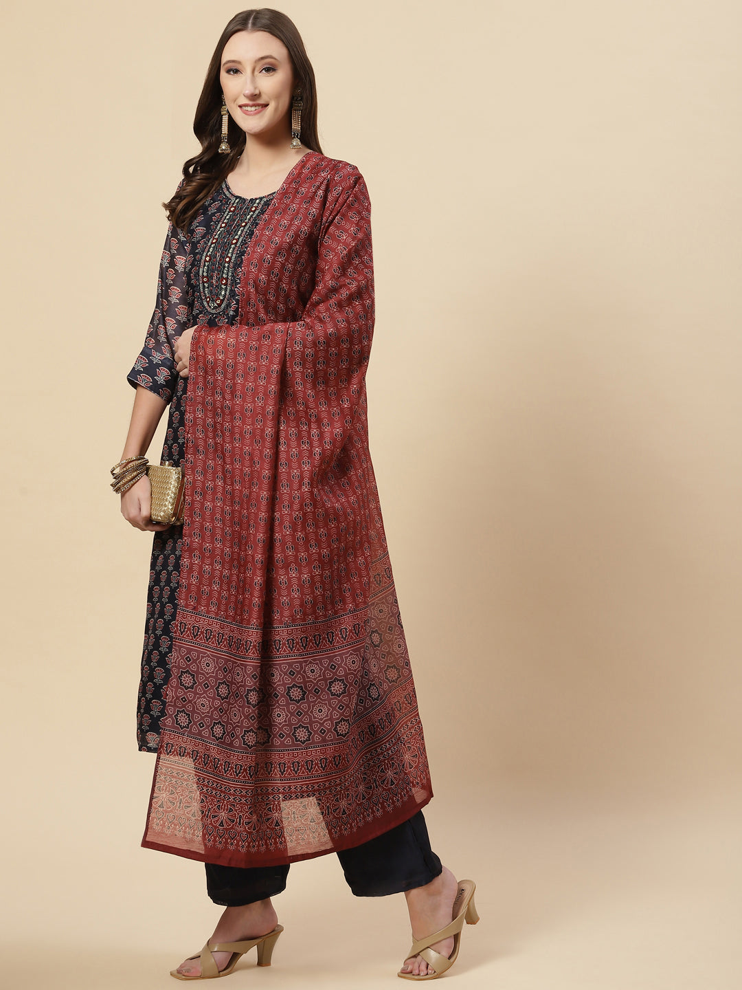 Printed Chanderi Kurta With Pants &amp; Dupatta