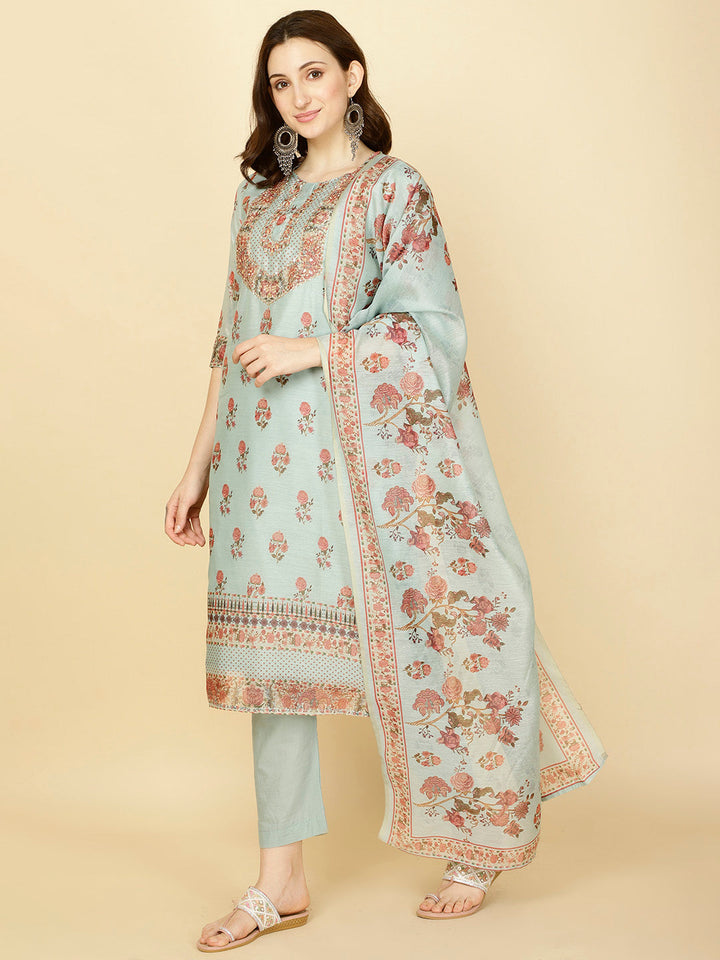 Floral Printed Chanderi Kurta With Pants &amp; Dupatta
