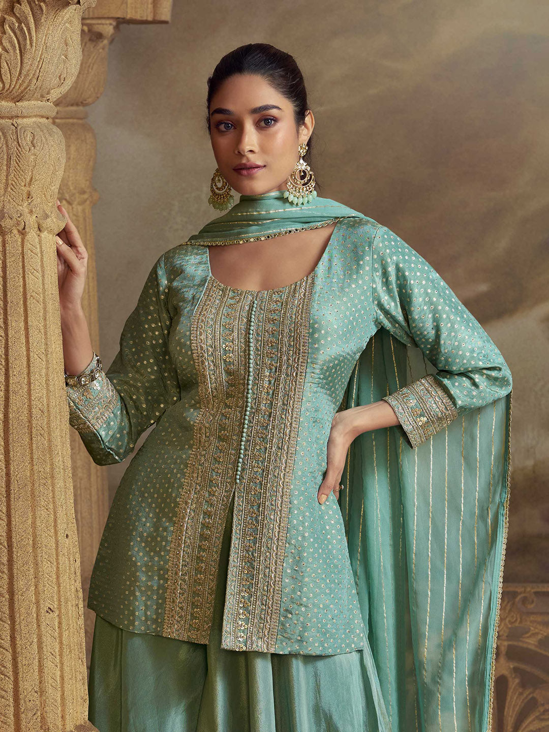 Embroidered Art Silk Kurti With Gharara &amp; Dupatta