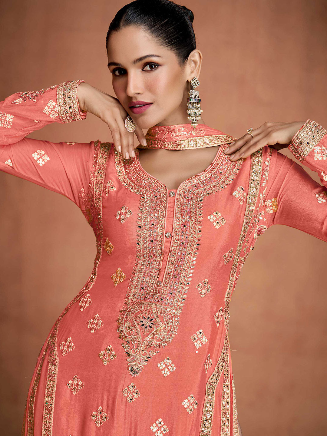 Embroidered Chinon Kurta With Plazzo &amp; Dupatta