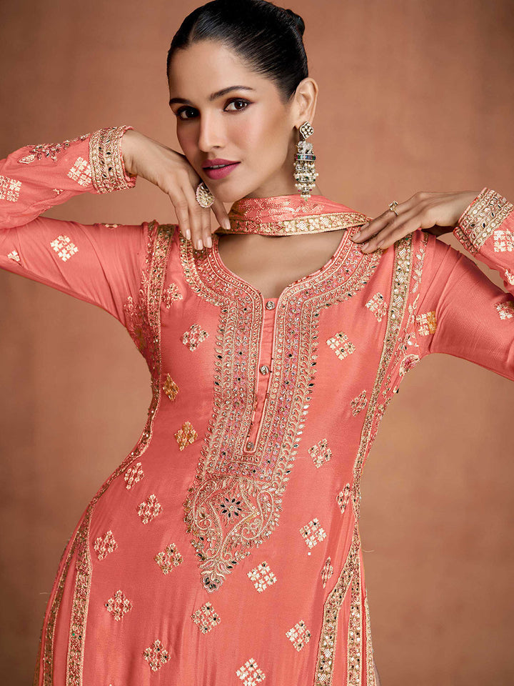 Embroidered Chinon Kurta With Plazzo &amp; Dupatta