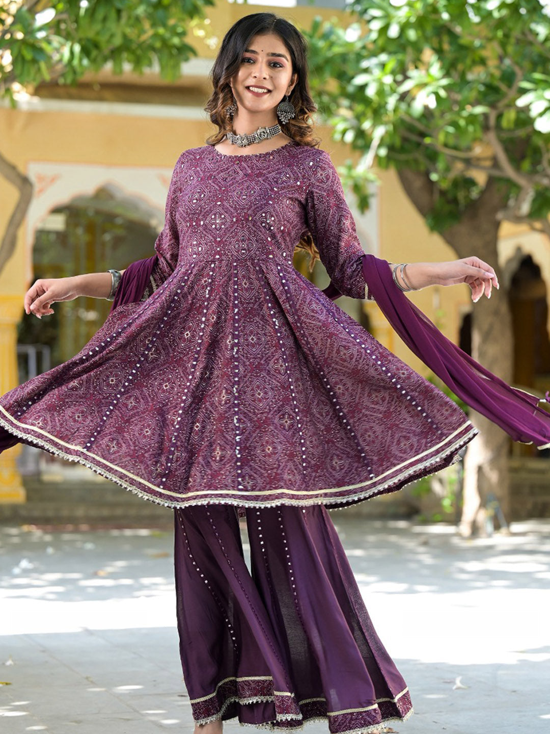 Bandhej Printed Cotton Kurta With Garara &amp; Dupatta
