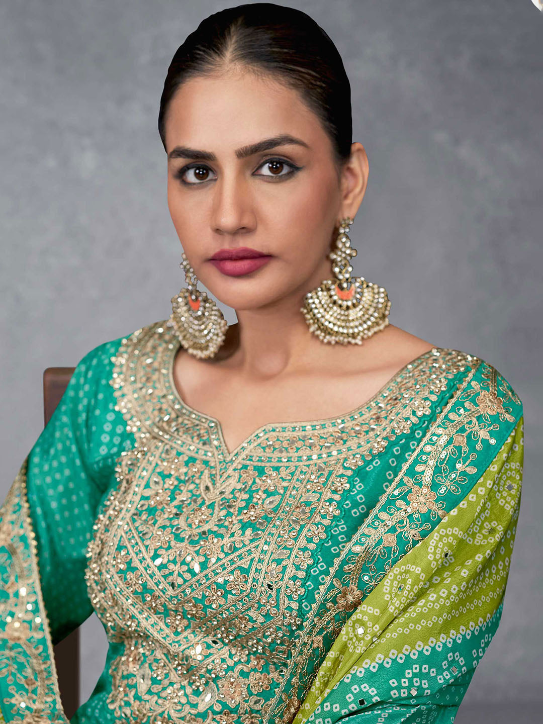 Embroidered Chinon Suit With Pant &amp; Dupatta