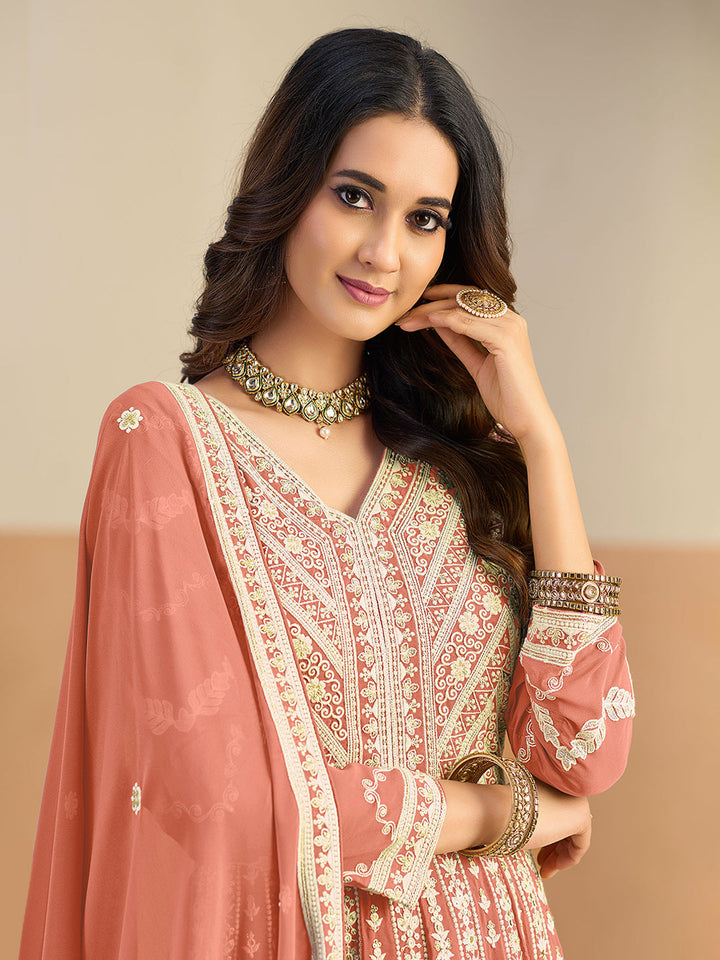 Embroidered Geogrette Semi Stitched Gown With Pant &amp; Dupatta