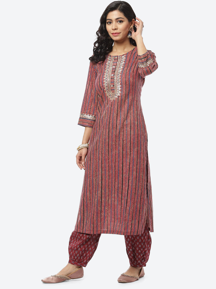 Printed Zari Neck Cotton Kurti With Afghani Pant
