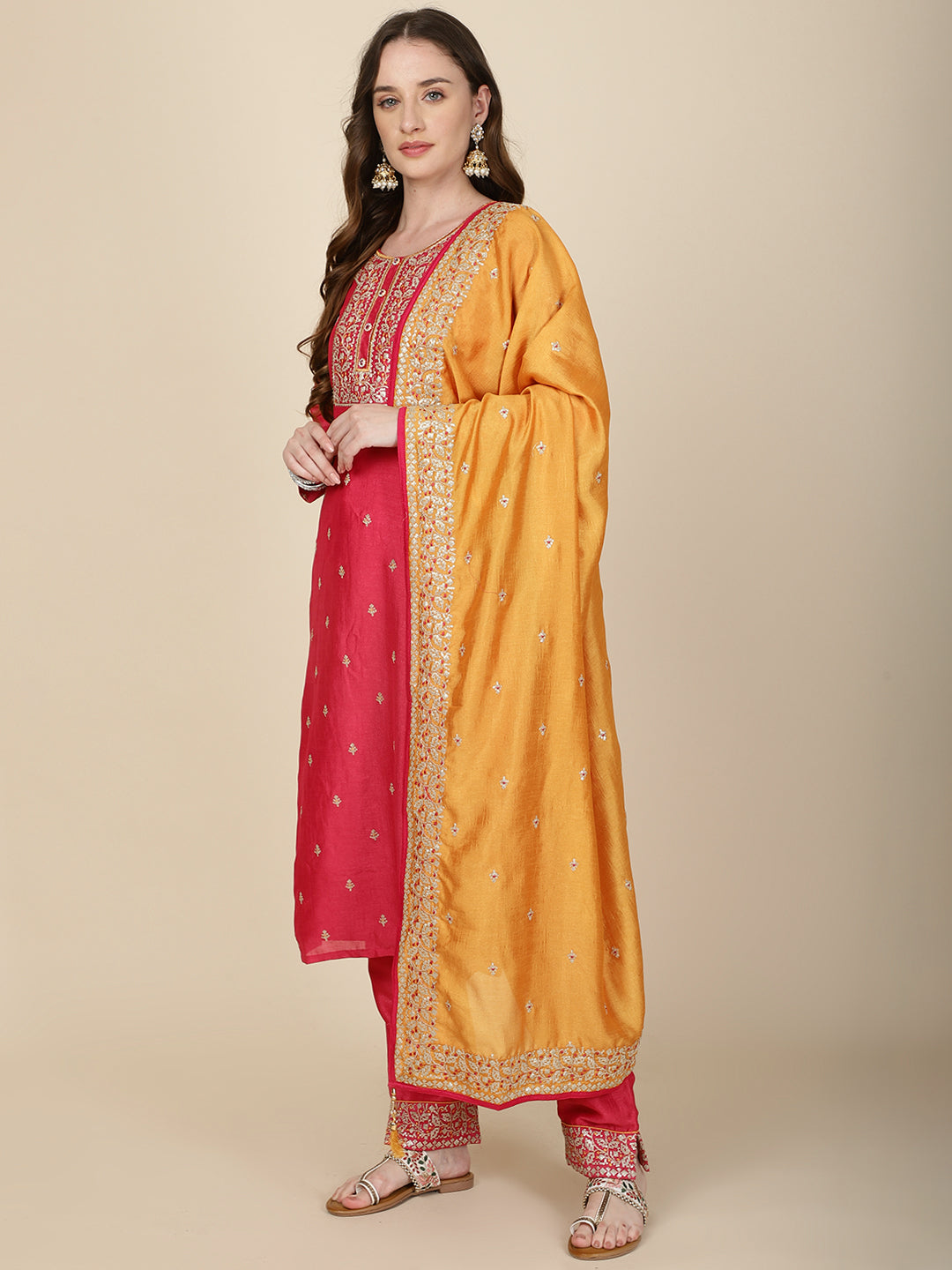 Sequin Work Handloom Kurta With Pants &amp; Dupatta