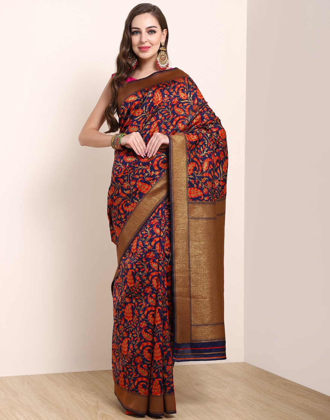 Navy Blue Orange Banarasi Art Handloom Saree