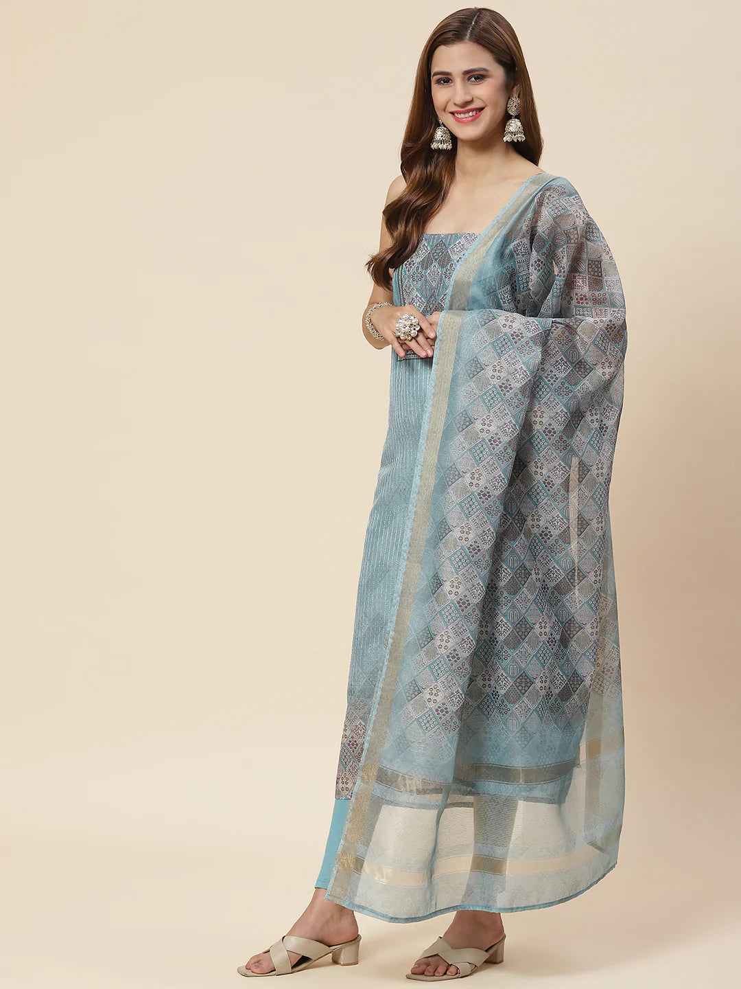 Neck Embroidered Chanderi Unstitched Suit Piece With Dupatta