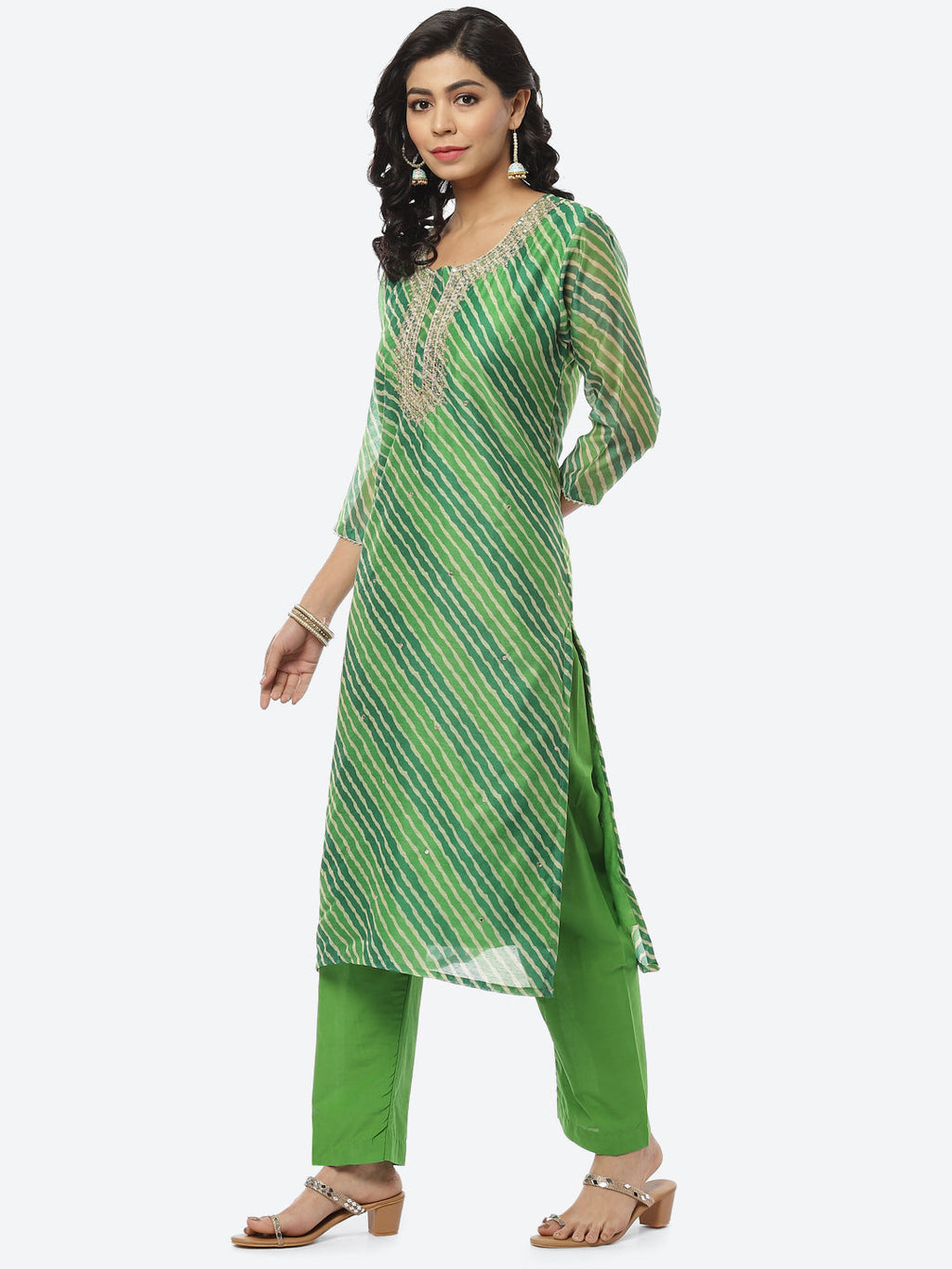 Printed Neck Embroidered Chanderi Kurti With Pant