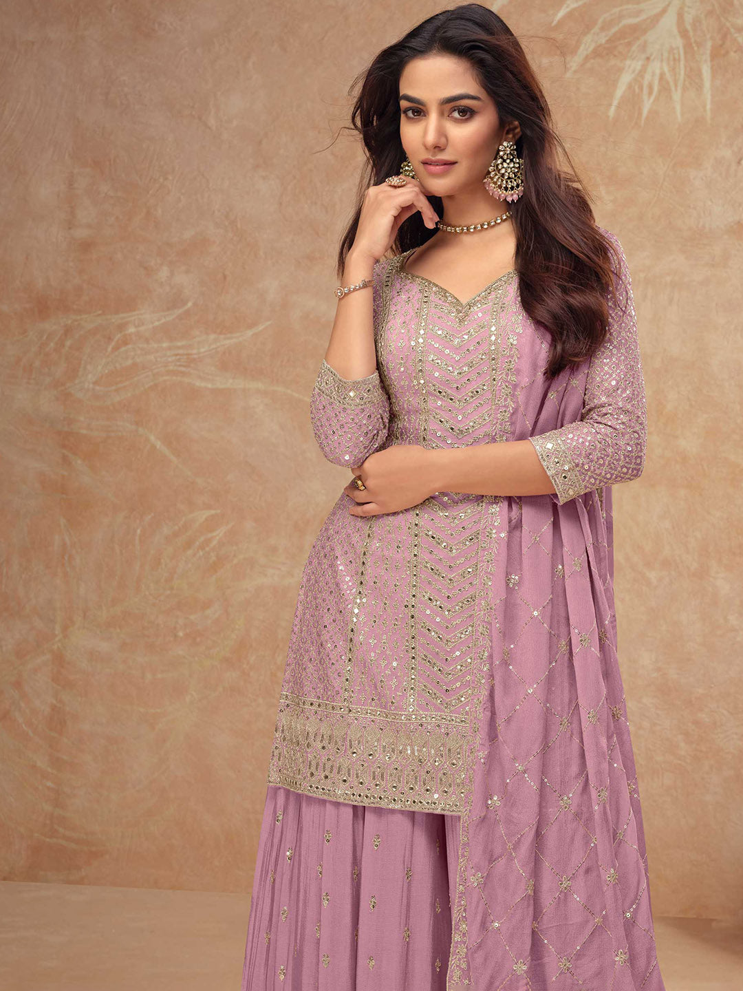 Embroidered Chinon Kurta With Pants &amp; Dupatta