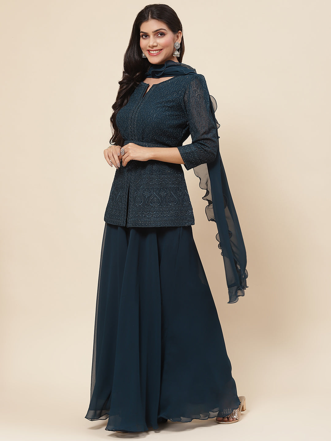 Resham Embroidered Georgette Kurti With Palazzo &amp; Dupatta