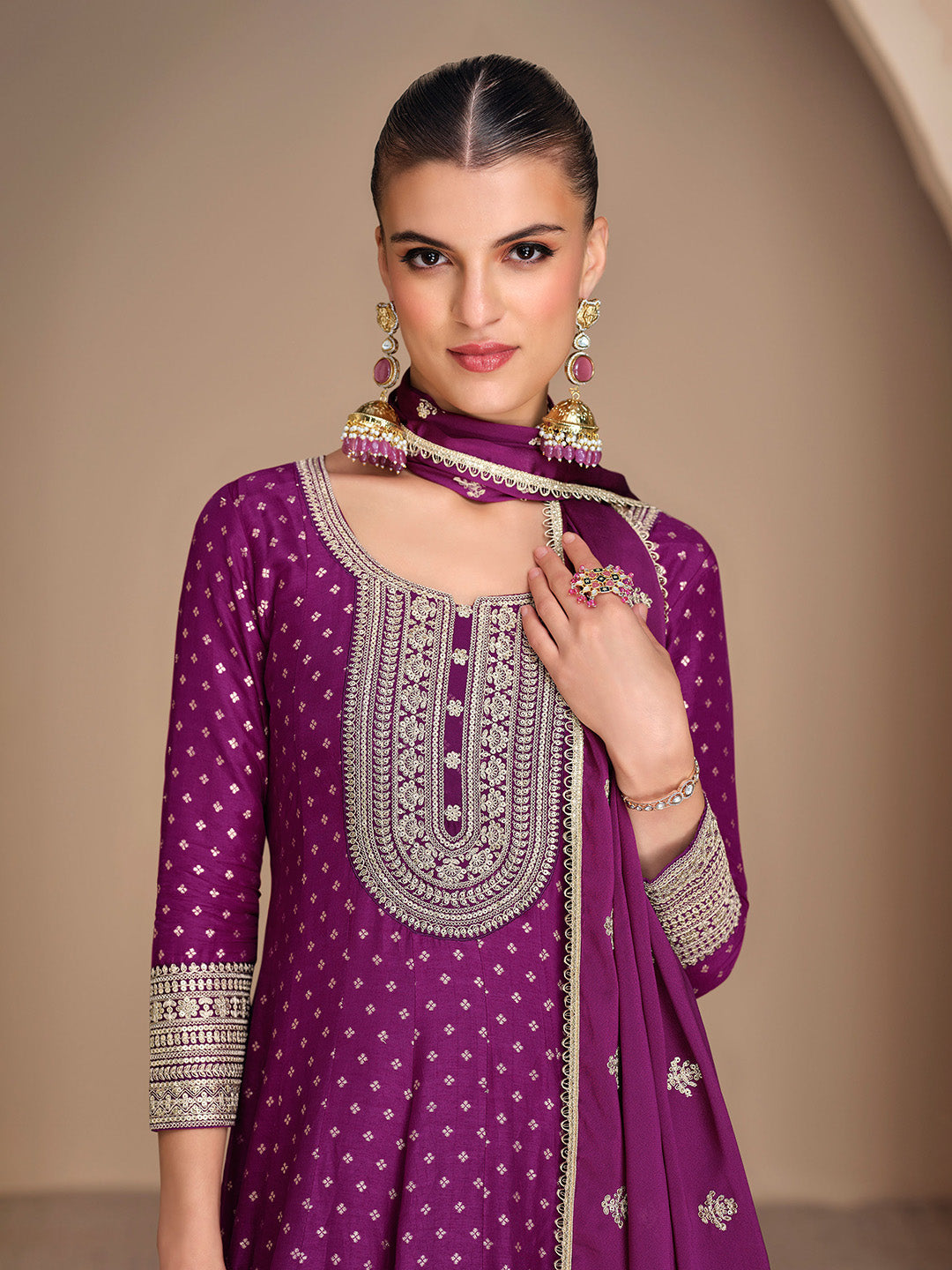 Embroidered Art Silk Suit With Pant &amp; Dupatta
