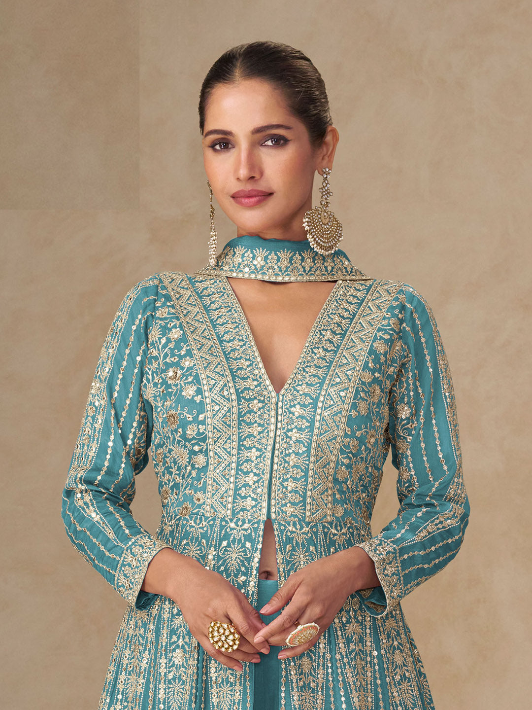 Embroidered Chinnon Silk A Line Dress With Skirt