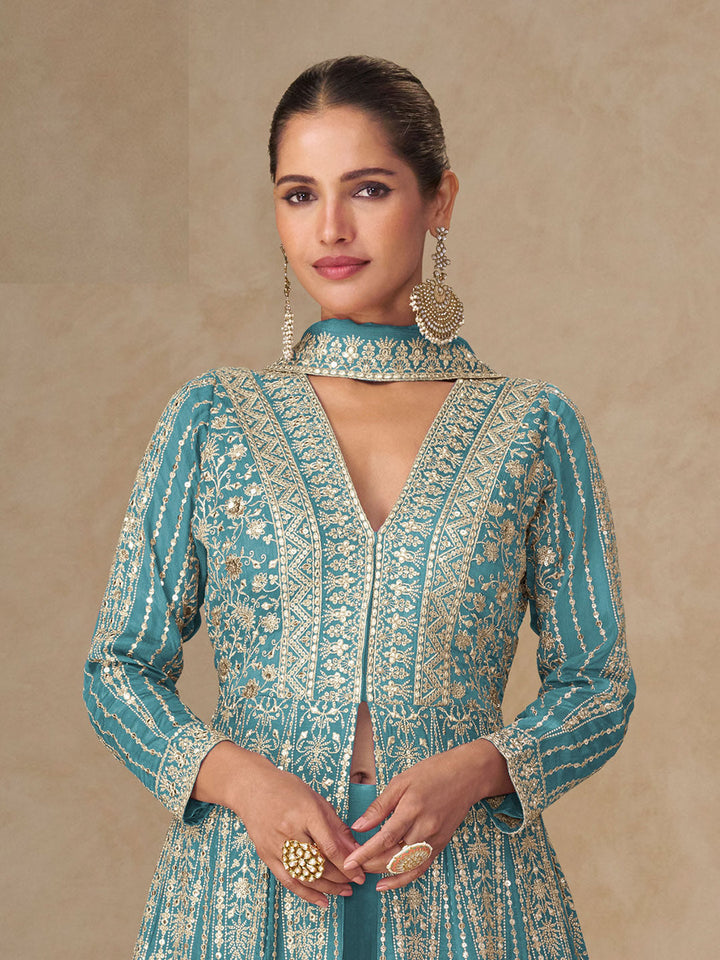 Embroidered Chinnon Silk A Line Dress With Skirt