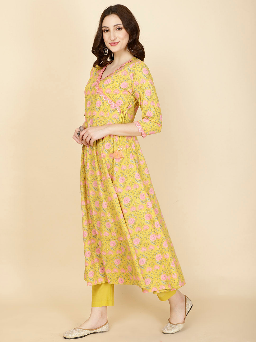 Floral Printed Cotton Anarkali Kurta With Pants