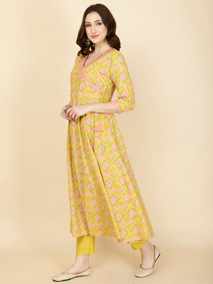Floral Printed Cotton Anarkali Kurta With Pants