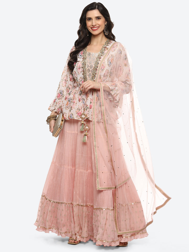 Resham Embroidered Crepe Choli Jacket With Lehenga &amp; Dupatta