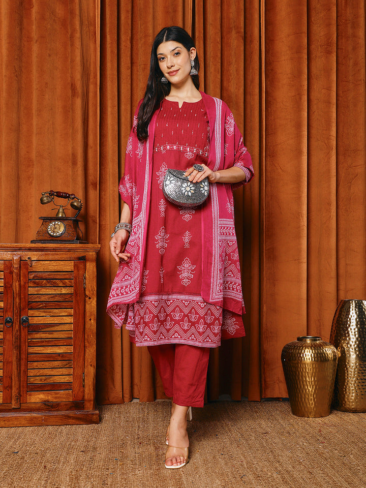 Printed Cotton Blend Kurta With Pants &amp; Dupatta