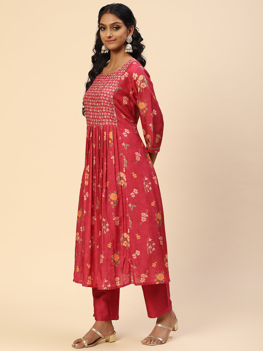 Floral Printed Embroidered Cotton Kurta With Pants