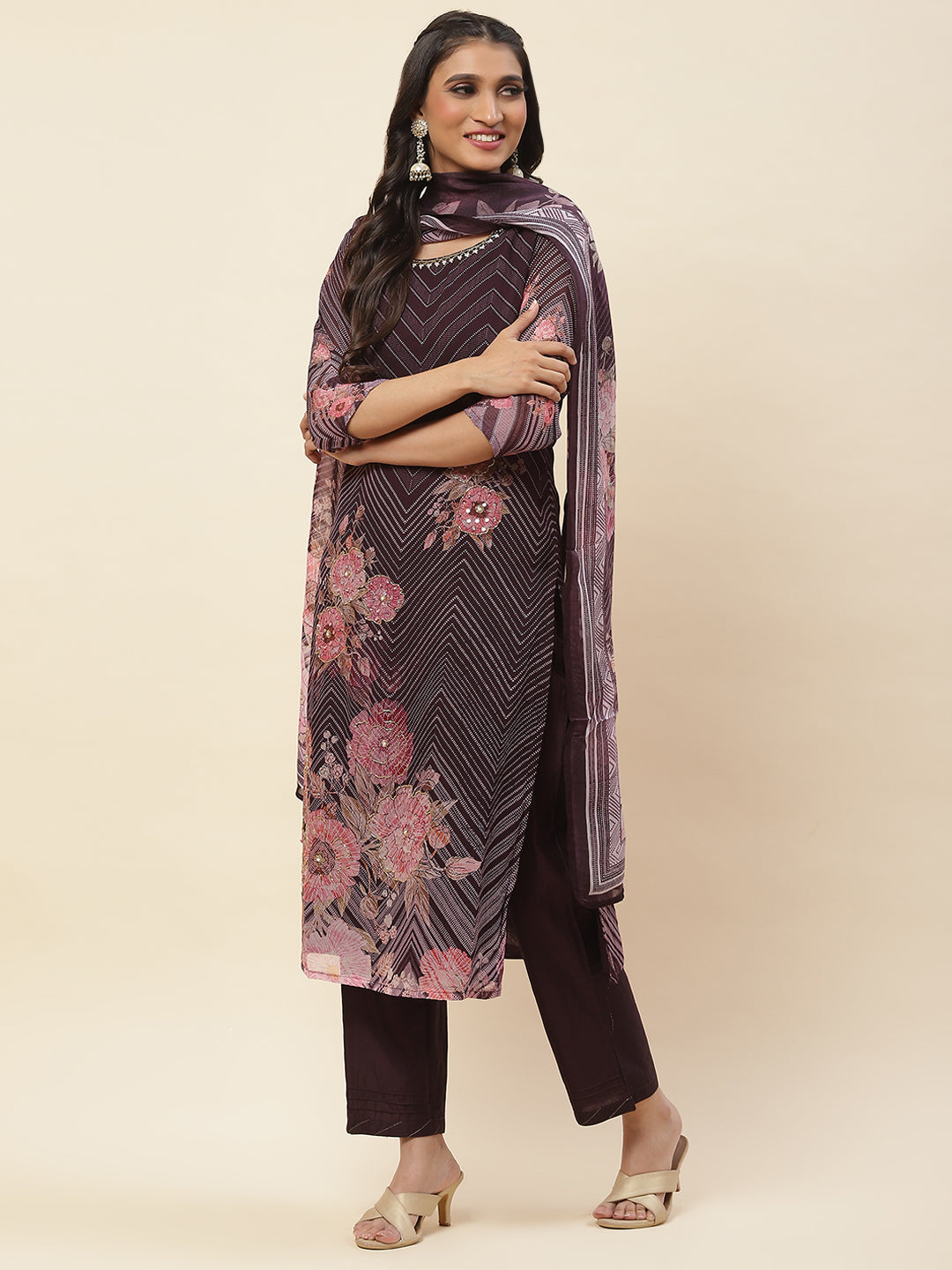 Floral Printed Georgette Kurta With Pants &amp; Dupatta