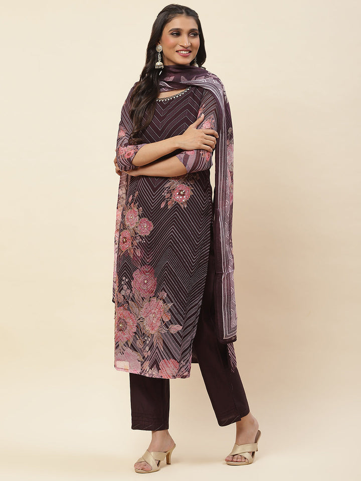 Floral Printed Georgette Kurta With Pants &amp; Dupatta