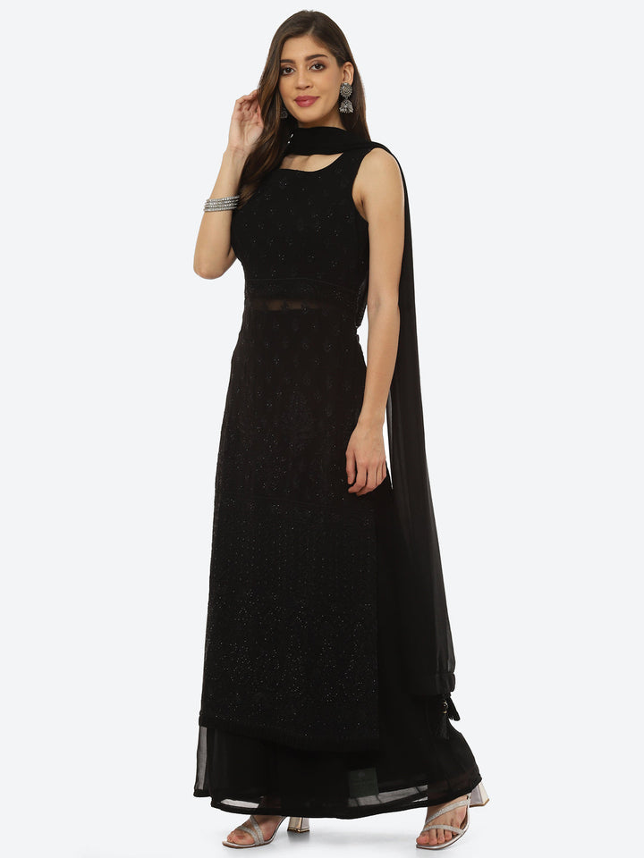 Resham Booti Georgette Kurta With Palazzo &amp; Dupatta