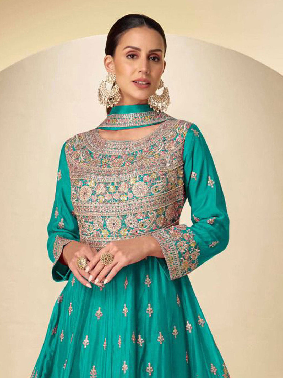 Embroidered Chinnon Suit With Pant &amp; Dupatta